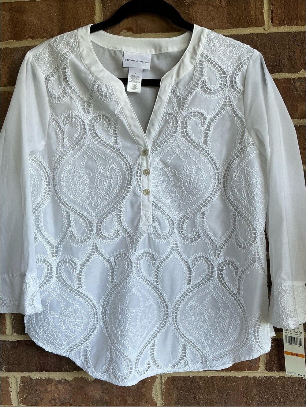Alfred Dunner White Embroidered Cotton Henley Top